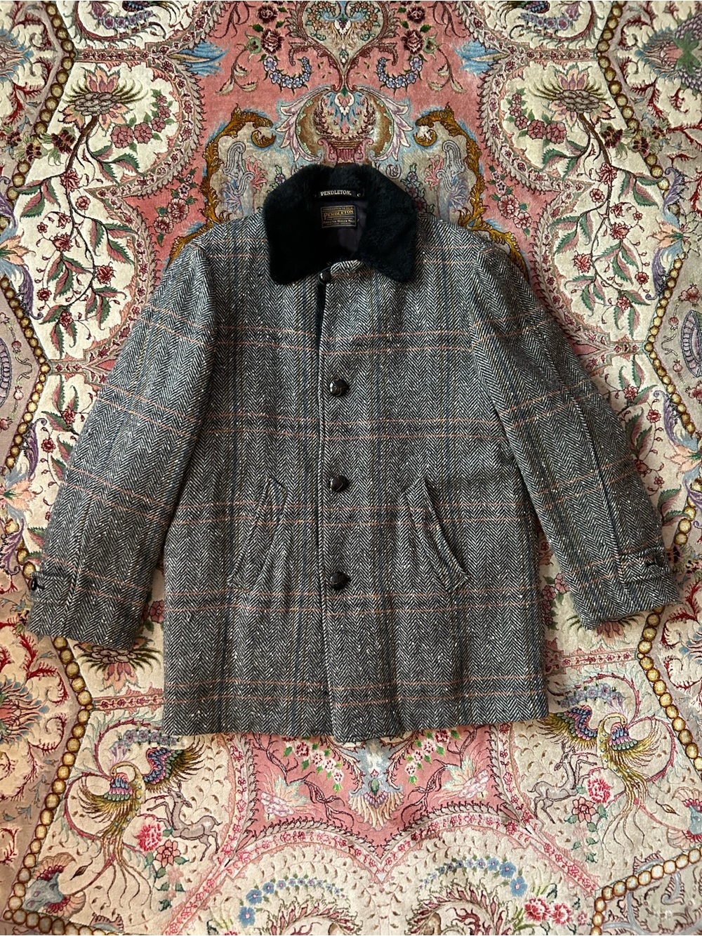 Pendleton Men’s Vintage Houndstooth Plaid Faux Fur Lined Coat Size L